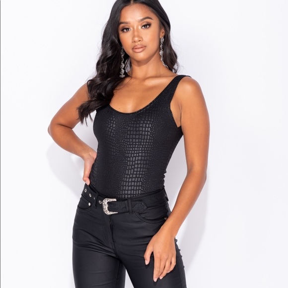 Stay Chic Black Wet Look Crocodile Print Bodysuit - Picture 2 of 7